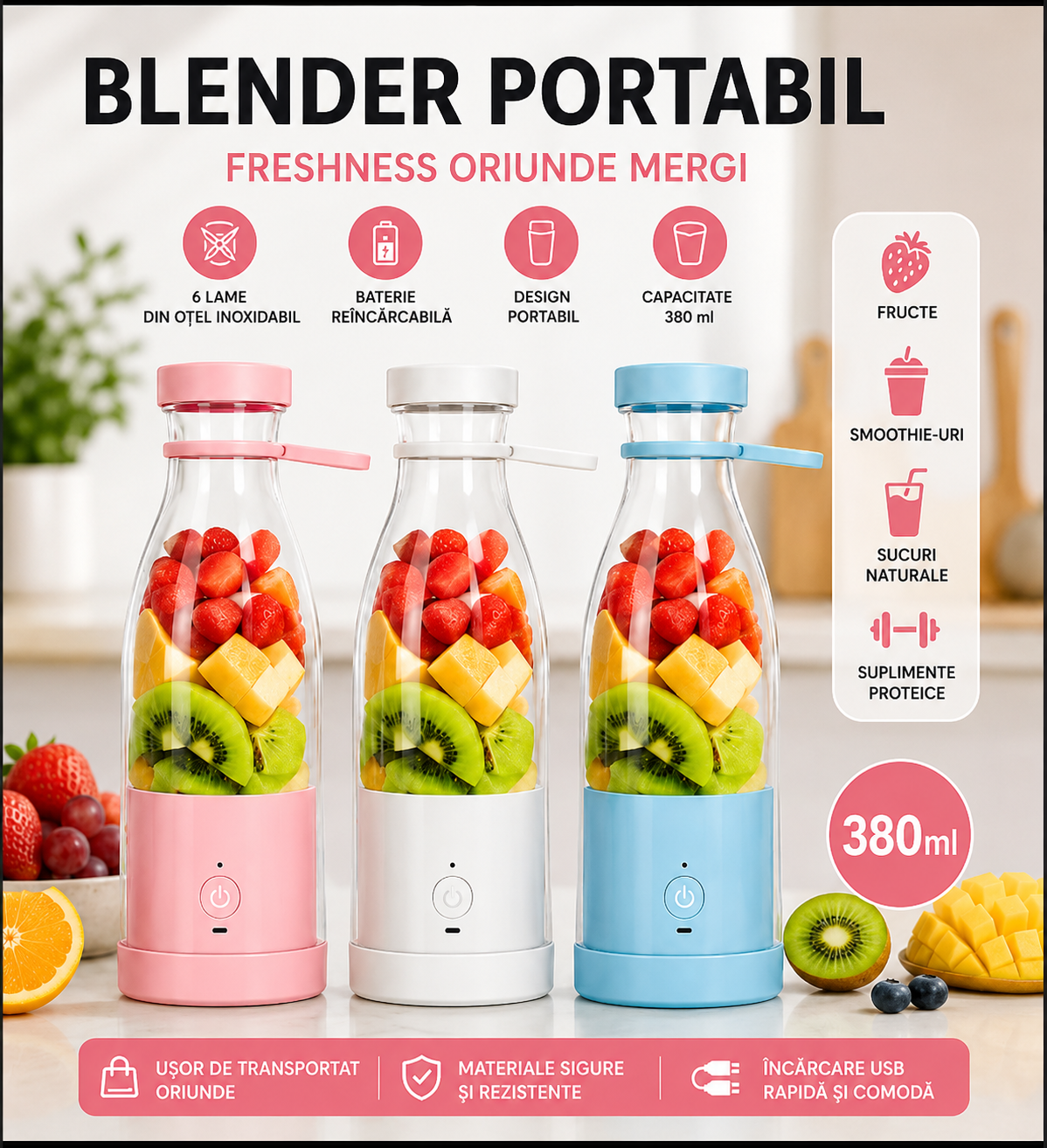 Batidora Portátil Recargable de 380 ml