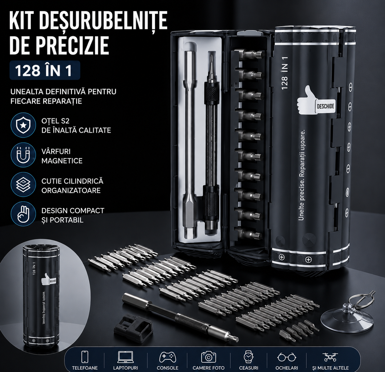 Set Profesional de Șurubelnițe de Precizie 128 în 1 – Husă Cilindrică Premium