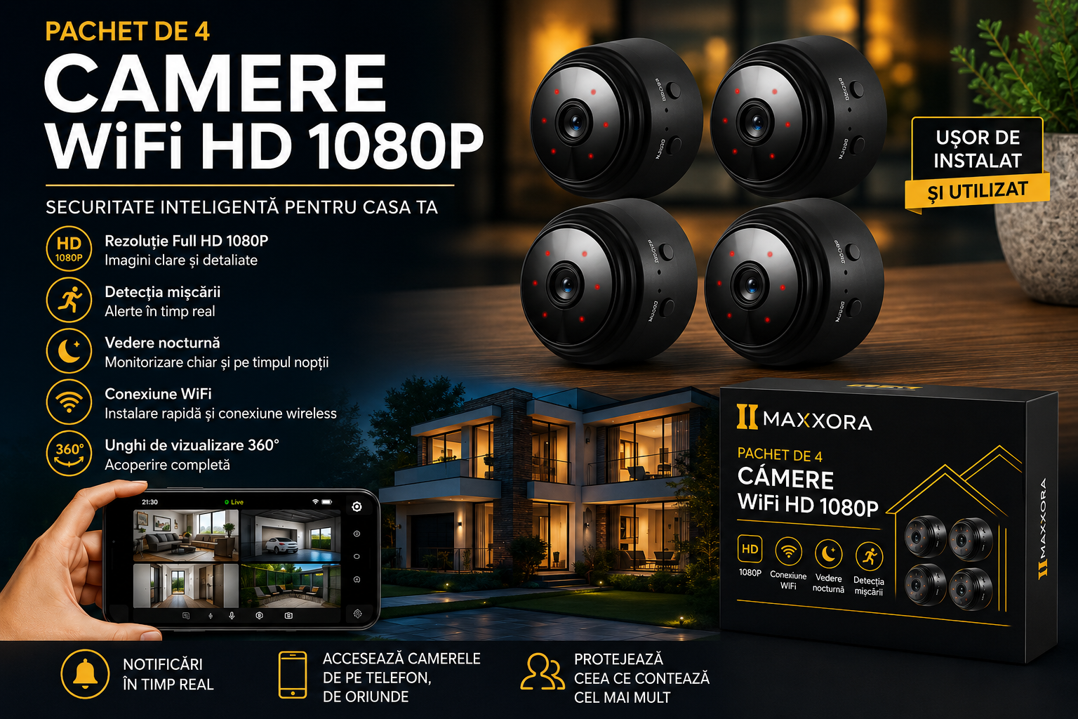 Pachet 4 Camere de Supraveghere Inteligente WiFi HD 1080P cu Vedere Nocturnă