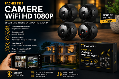 Pachet 4 Camere de Supraveghere Inteligente WiFi HD 1080P cu Vedere Nocturnă