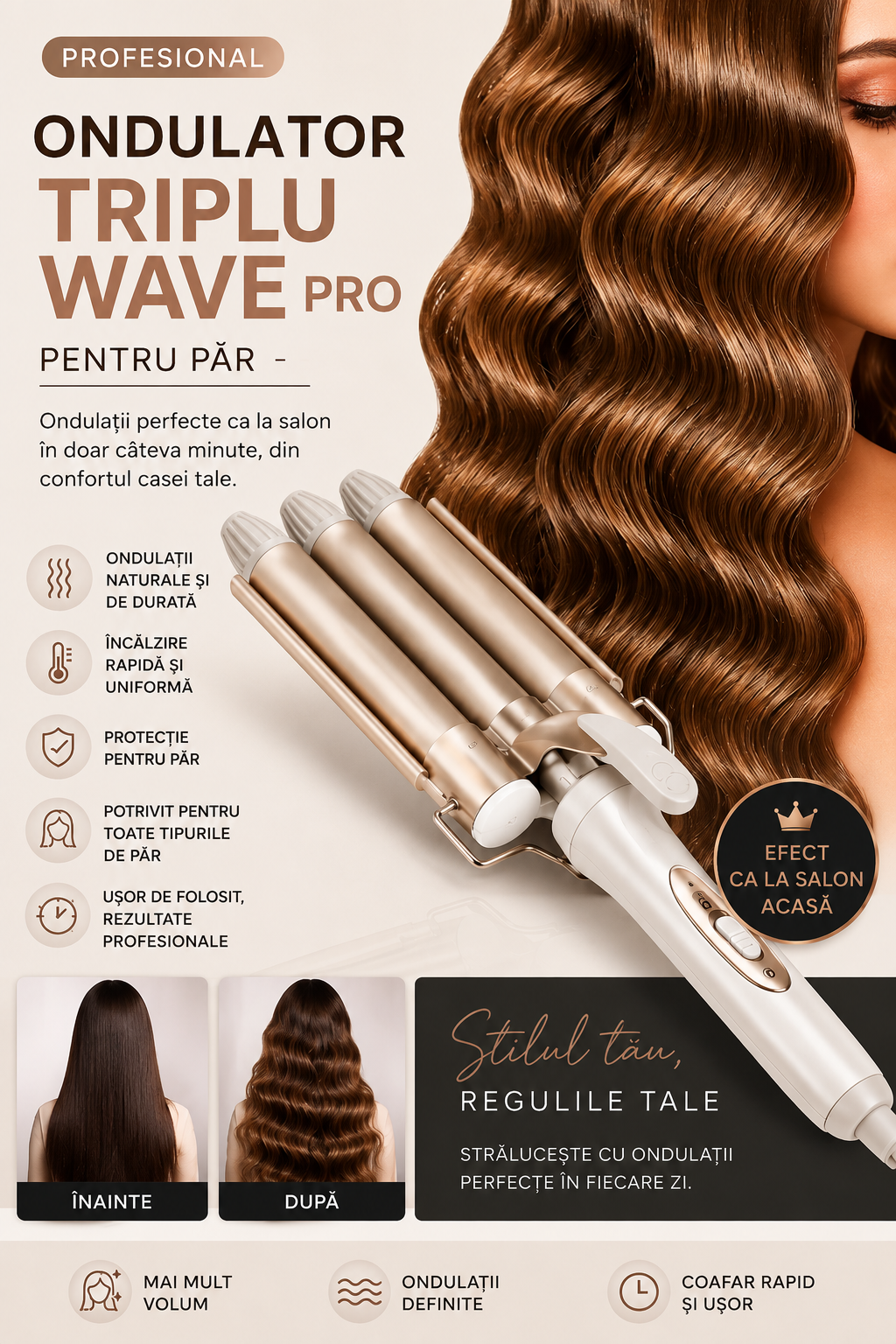 ✨ Ondulator Triplu Wave Pro pentru Păr