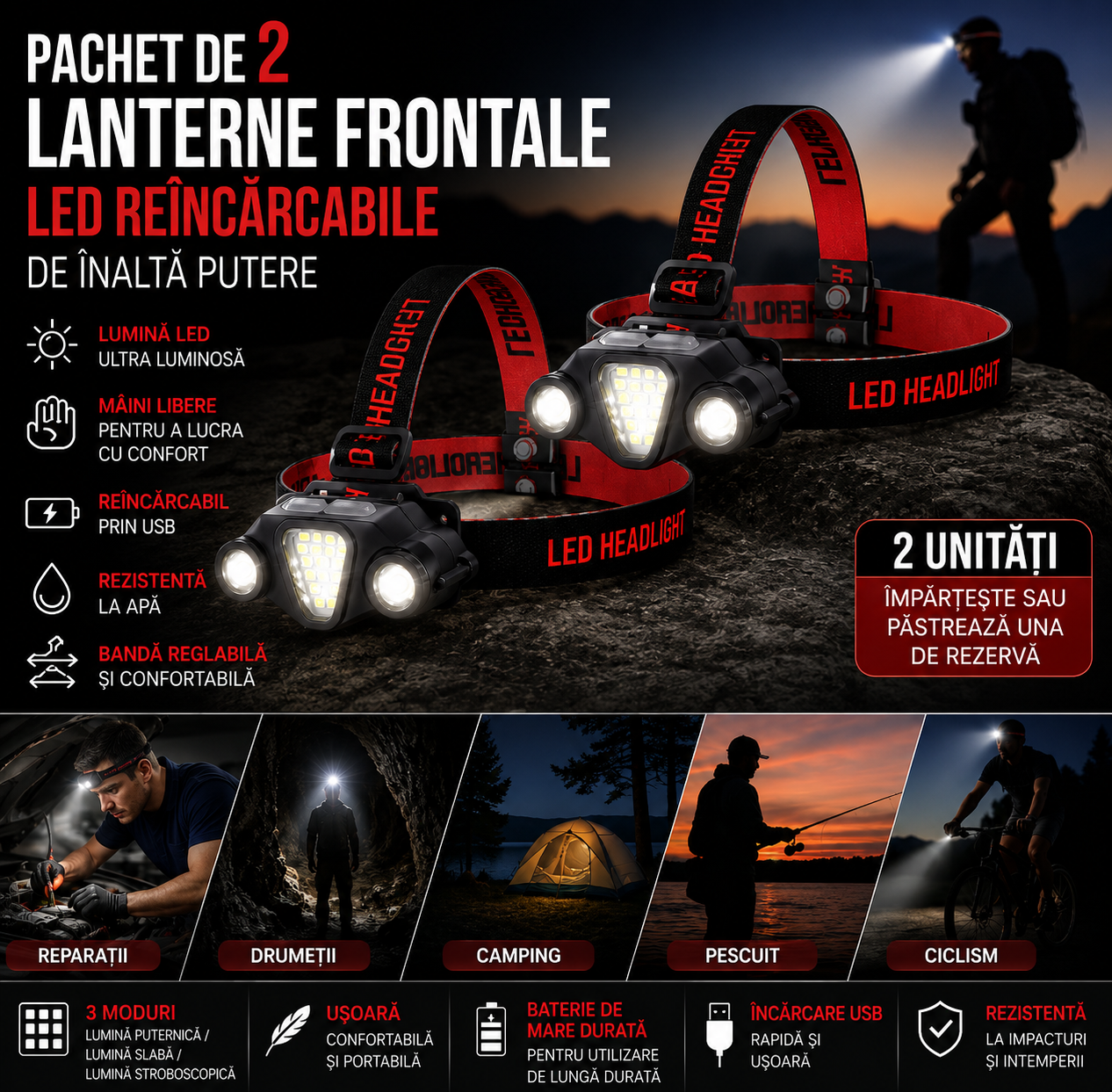 Pachet cu 2 Lanterne Frontale LED Reîncărcabile